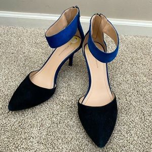 BCBG navy and black suede heels